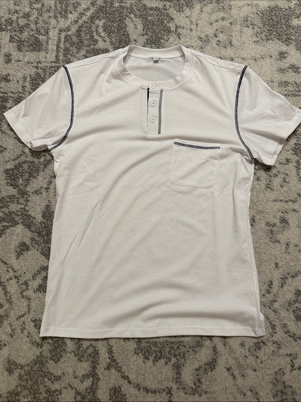 Men's White Short-Sleeve Henley Pocket Tee with Royal Blue Contrast Trim